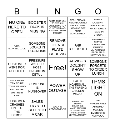 WORKING ON A SATURDAY IN SERVICE Bingo Card