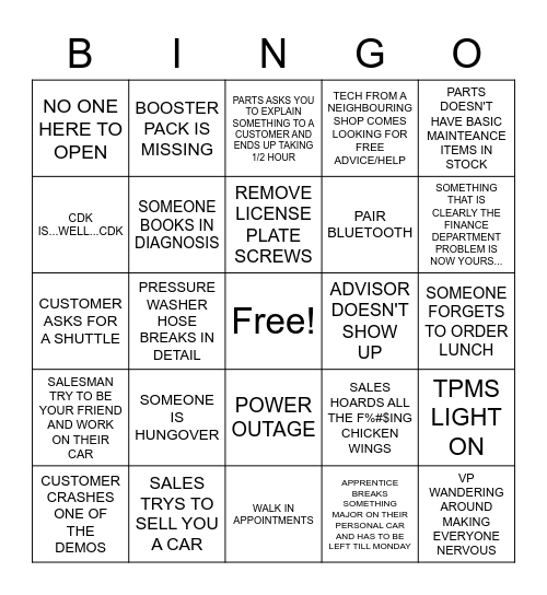 WORKING ON A SATURDAY IN SERVICE Bingo Card