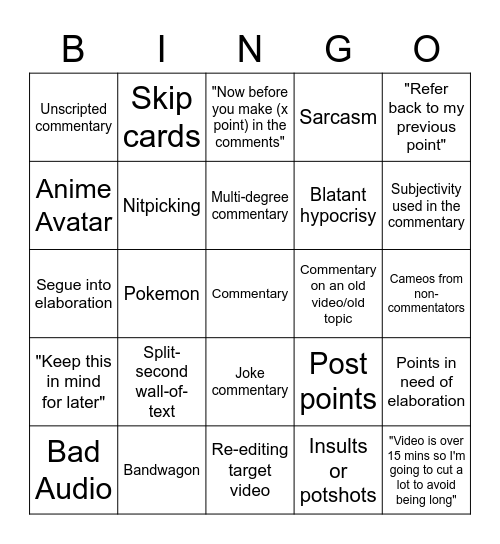 Very Common SCC Tropes Bingo Card