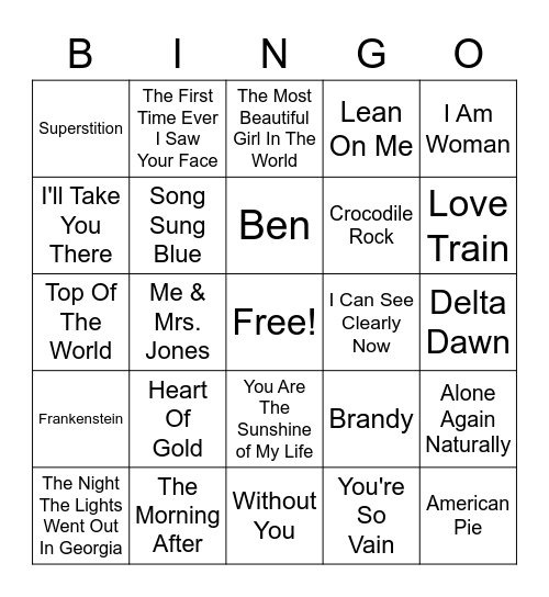 #1 SONGS 1972-1973 Bingo Card