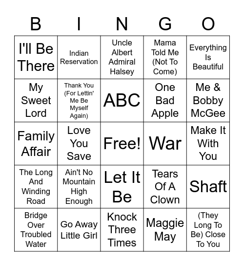 #1 SONGS 1970-1971 Bingo Card