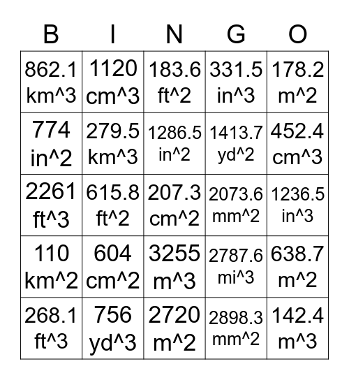 Volume and Surface Area Bingo Card