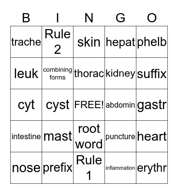 Medical Terminology Bingo Card