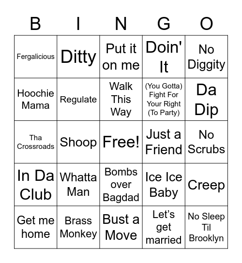 Old school Rap and Hip Hop Bingo Card