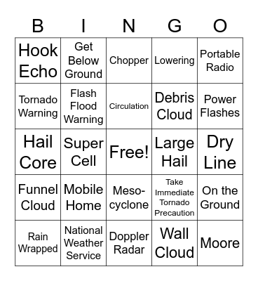 Tornado Warning Bingo Card