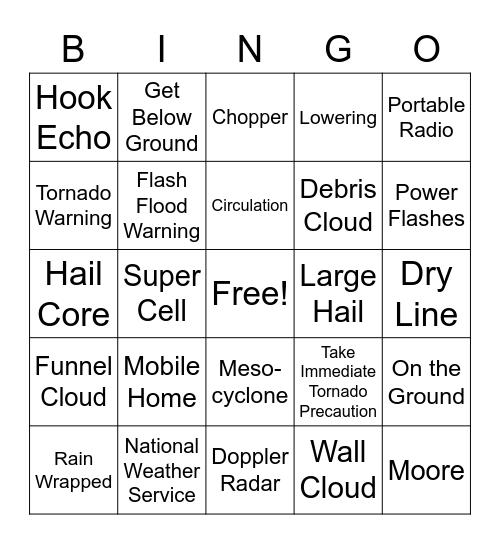 Tornado Warning Bingo Card
