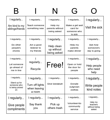 Gemilut Hasadim Bingo Card