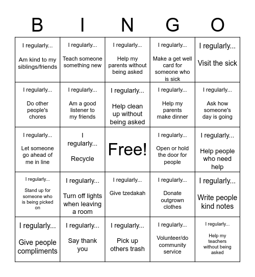 Gemilut Hasadim Bingo Card