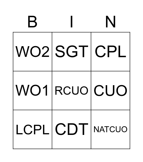 AAC Rank Bingo Card