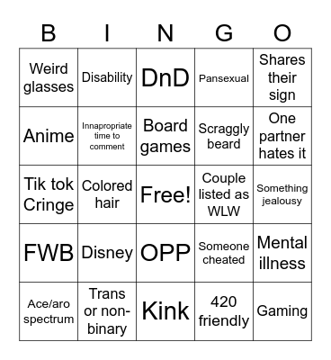 -Poly Cringe Bingo Card