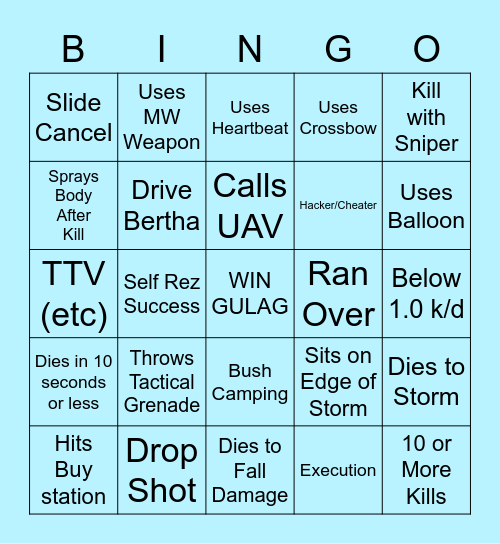 Warzone Bingo Card