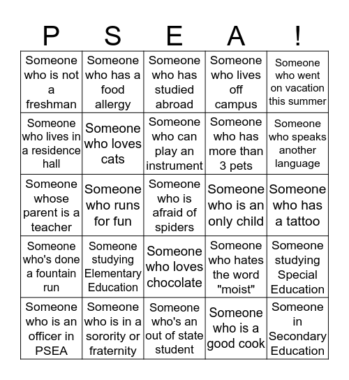 Who's In PSEA? Bingo Card