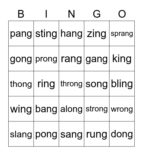 Words ending in -ng Bingo Card