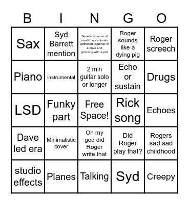 Pink Floyd Song Bingo Card