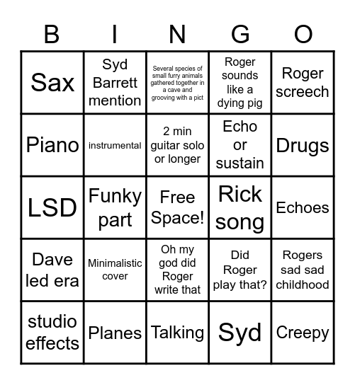 Pink Floyd Song Bingo Card