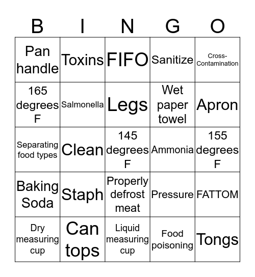 Safety & Sanitation Bingo Card