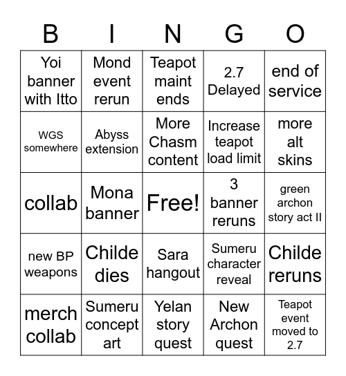 Genshin Impact 2.7 Special Program Bingo Card