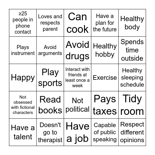 Normal Human Bingo Card