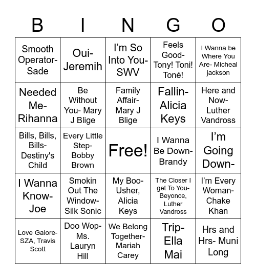 R&B Bingo Card