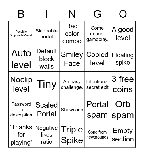 GD: Recent Level Bingo Card