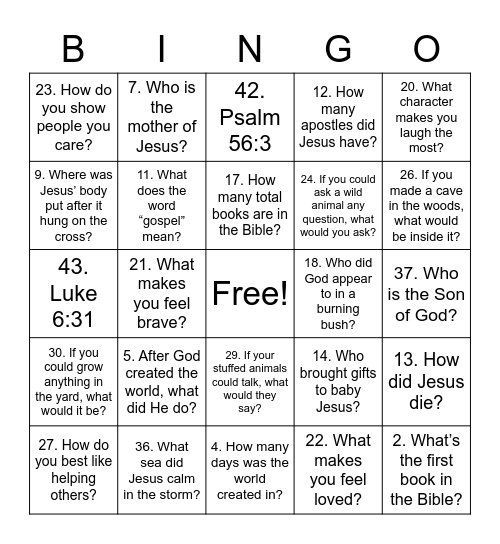 Kids Bible Bingo Card