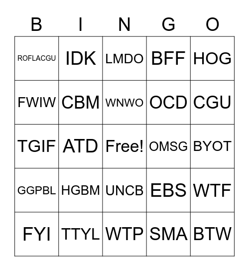 Old Fart Bingo Card