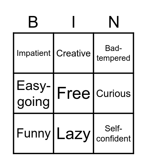 Personality Adjectives Bingo Card