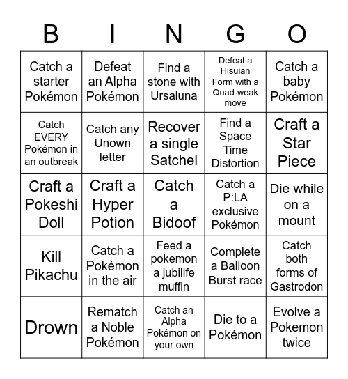 Legends Arceus Lockout Bingo Card