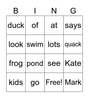 The Duck Pond Bingo Card