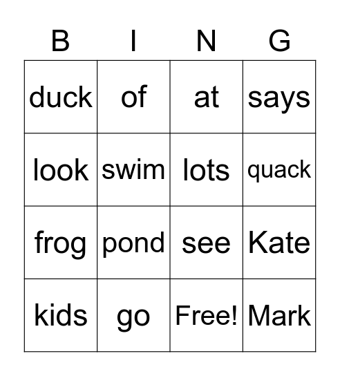 The Duck Pond Bingo Card