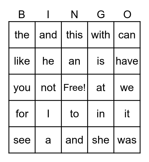 Sight Word Bingo 1 Bingo Card