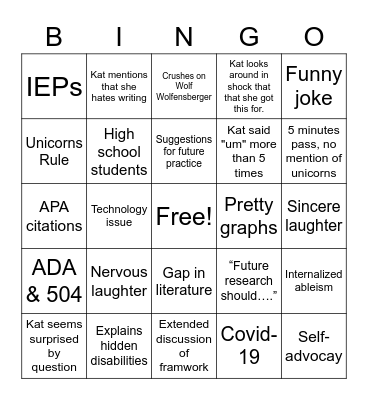 Kat's Dissertation Defense Bingo Card