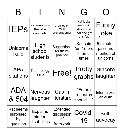 Kat's Dissertation Defense Bingo Card