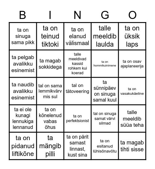 Tutvumisbingo Card