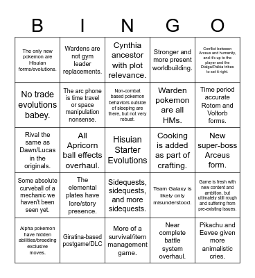 Pokemon Legends Arceus Bingo Card