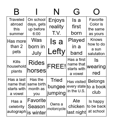 Getting to Know You-Bingo Card