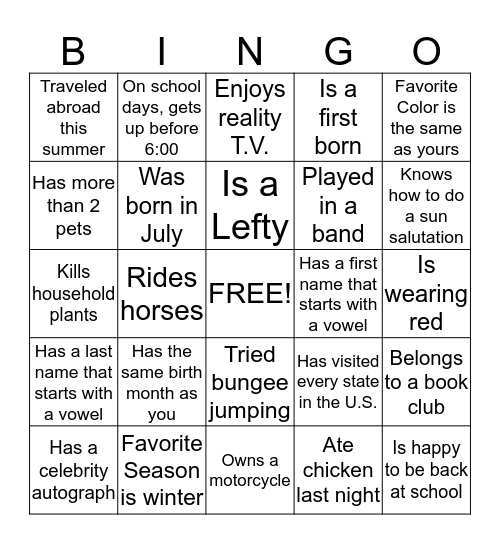 Getting to Know You-Bingo Card