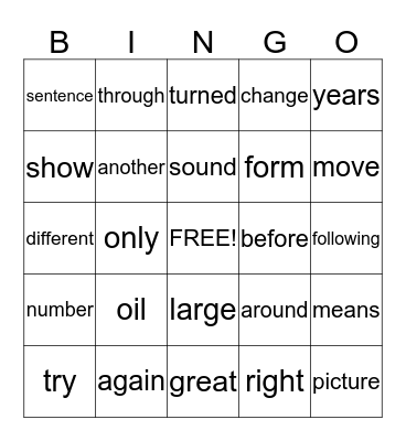 Sight word Bingo Card