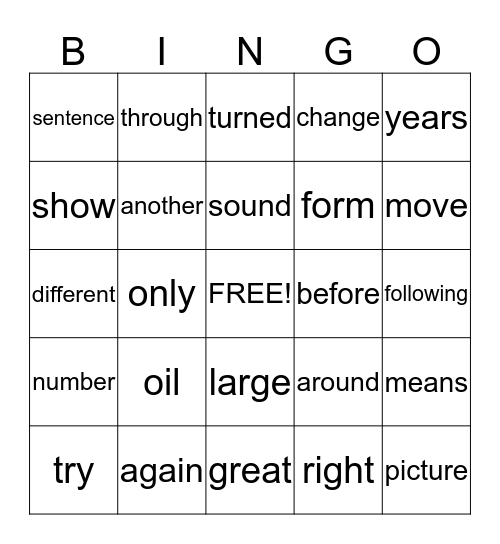 Sight word Bingo Card
