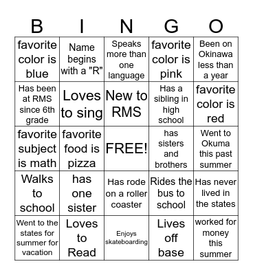 All About You Bingo Card