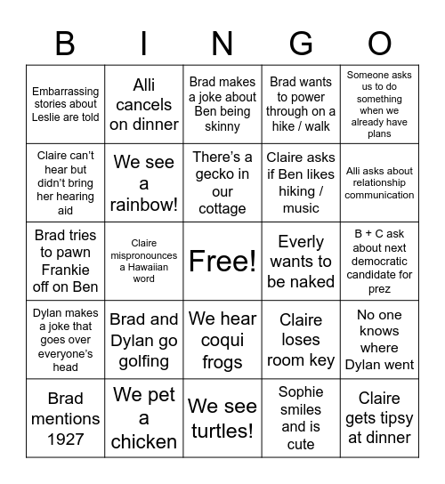 Brian Kauai Shenanigans Bingo Card