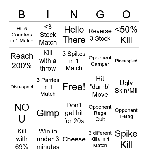 Luna's Smash Bingo Failure Bingo Card