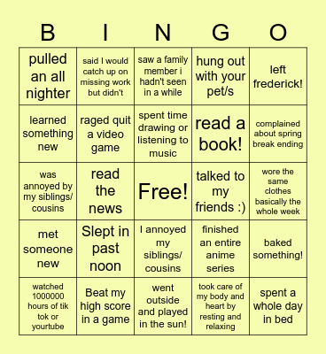 Spring Break Bingo Card