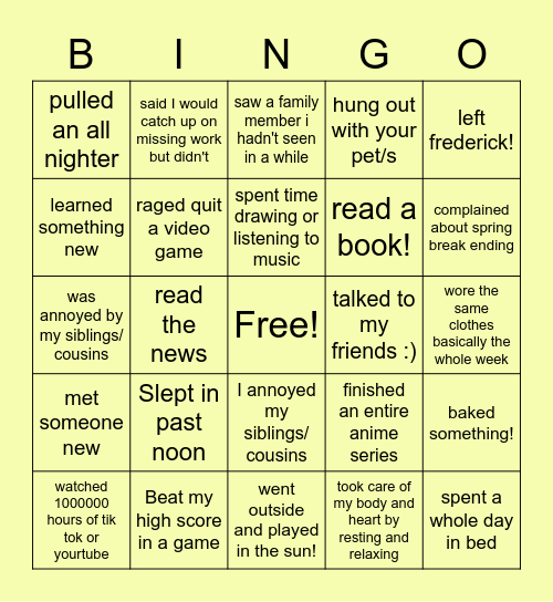 Spring Break Bingo Card