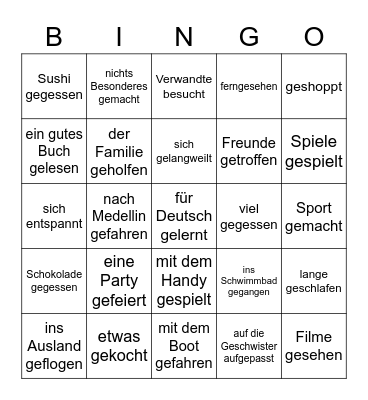 Was hast du in den Ferien gemacht? Bingo Card