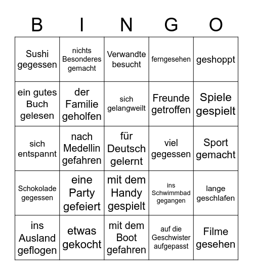 Was hast du in den Ferien gemacht? Bingo Card