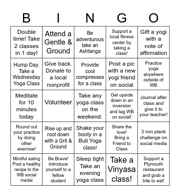 30 Day White Buffalo Yoga Challenge! Bingo Card