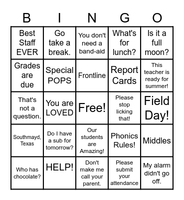 Staff Appreciation Bingo Card