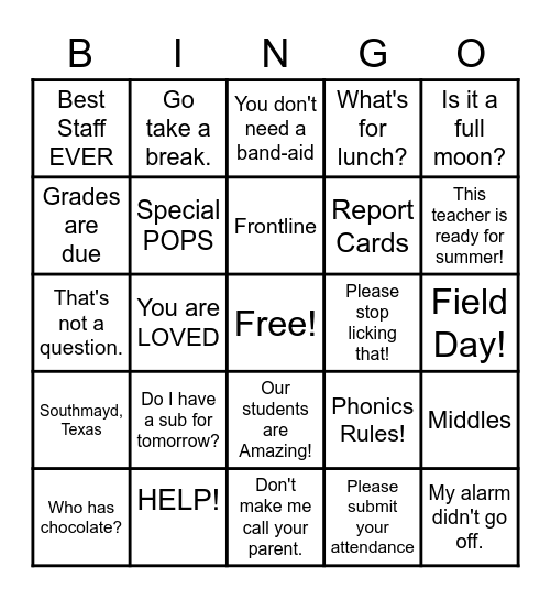 Staff Appreciation Bingo Card