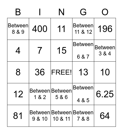 Estimating Squares  Bingo Card